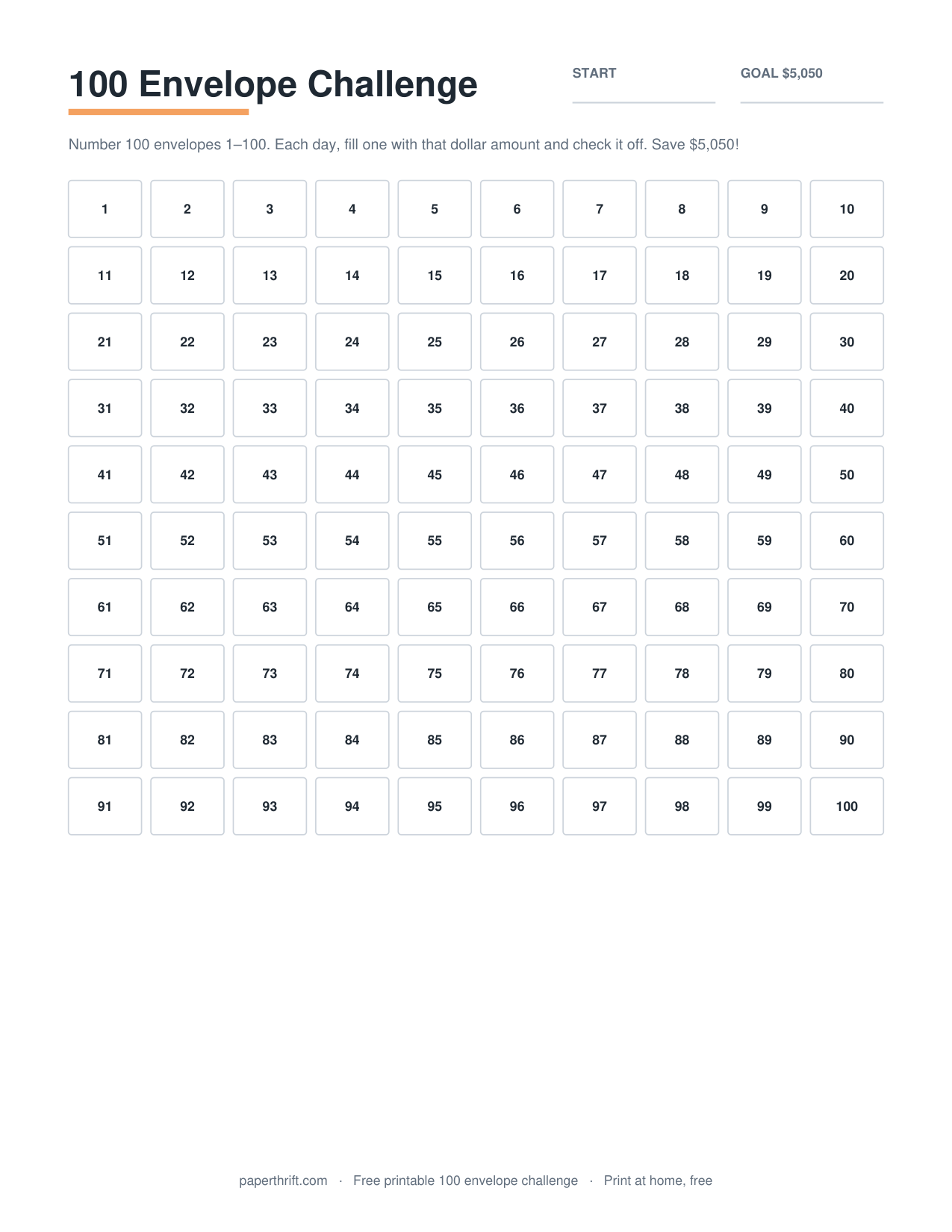 100 Envelope Challenge printable preview