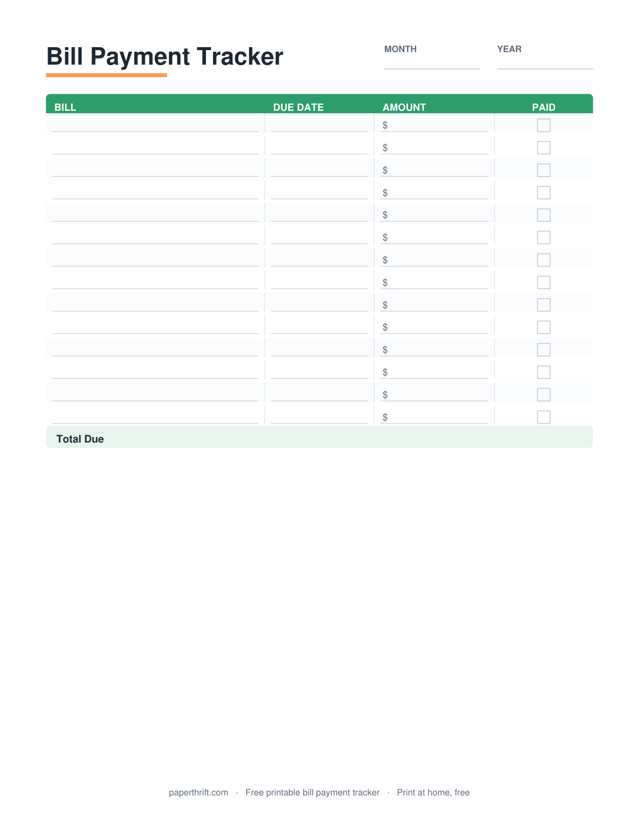 Bill Payment Tracker printable preview