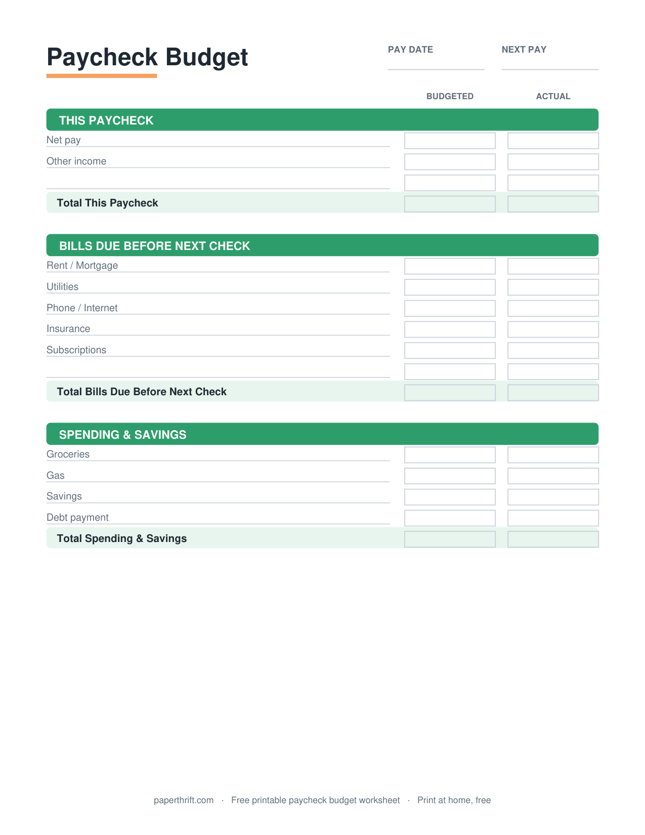 Paycheck Budget printable preview