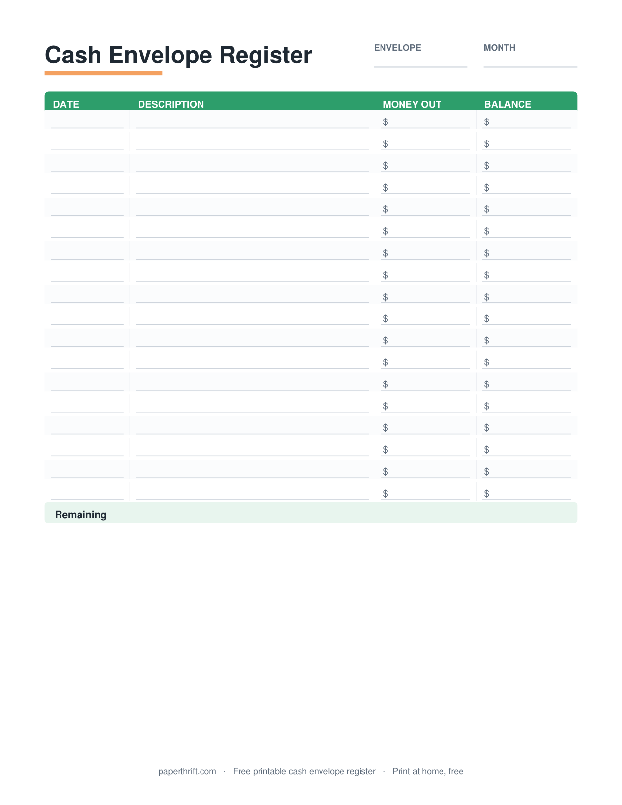 Cash Envelope System printable preview