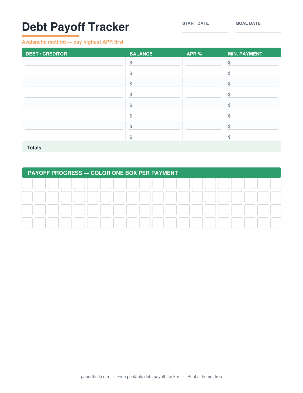 Debt Payoff Tracker printable preview