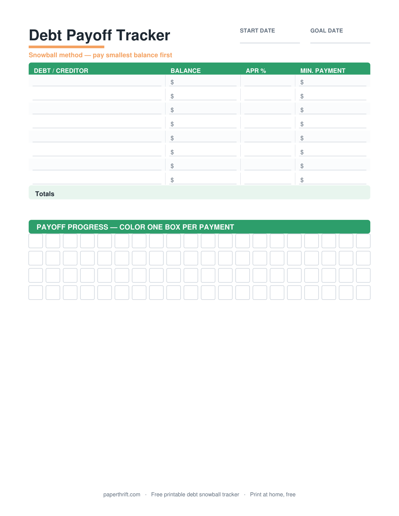 Debt Snowball Tracker printable preview