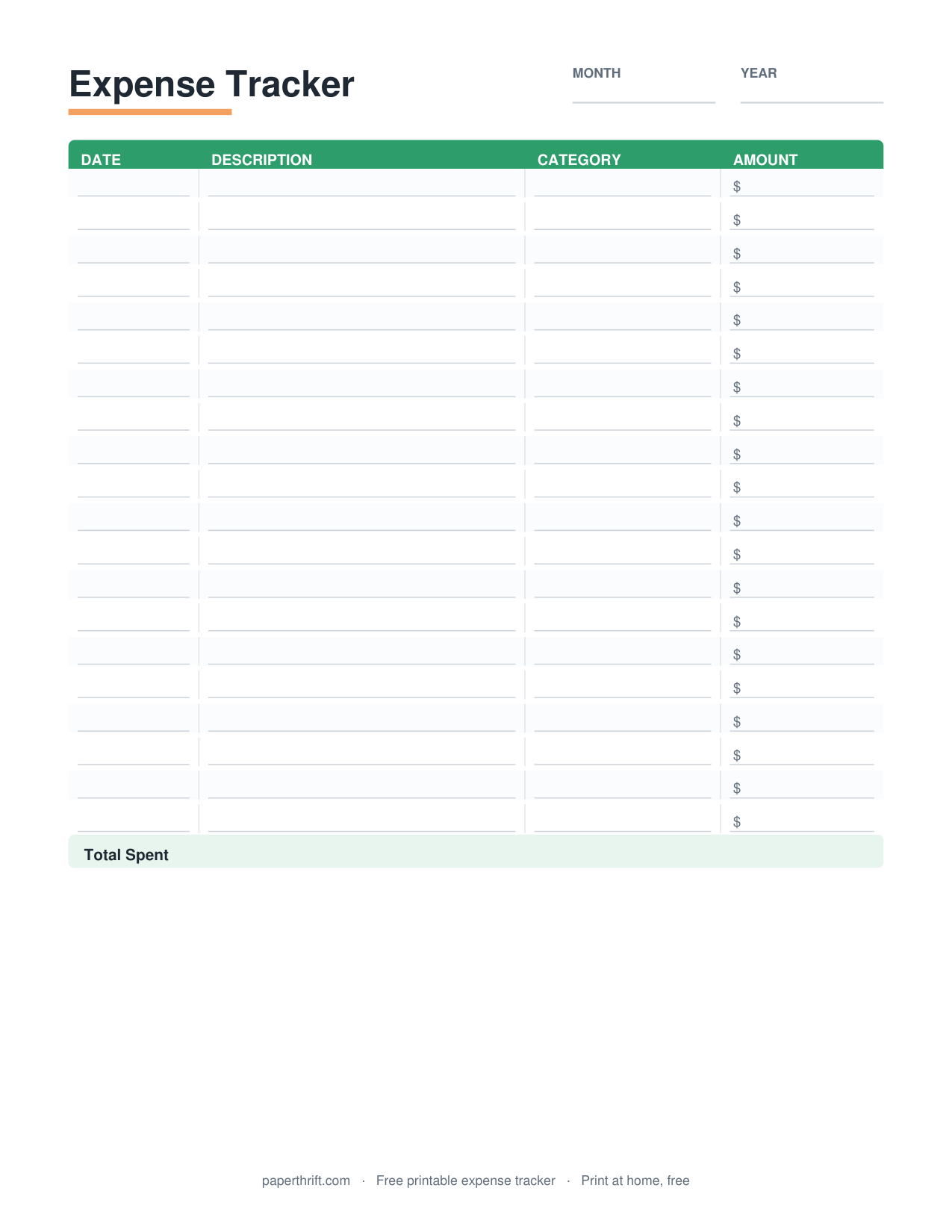 Expense Tracker – free printable PDF preview from Paperthrift