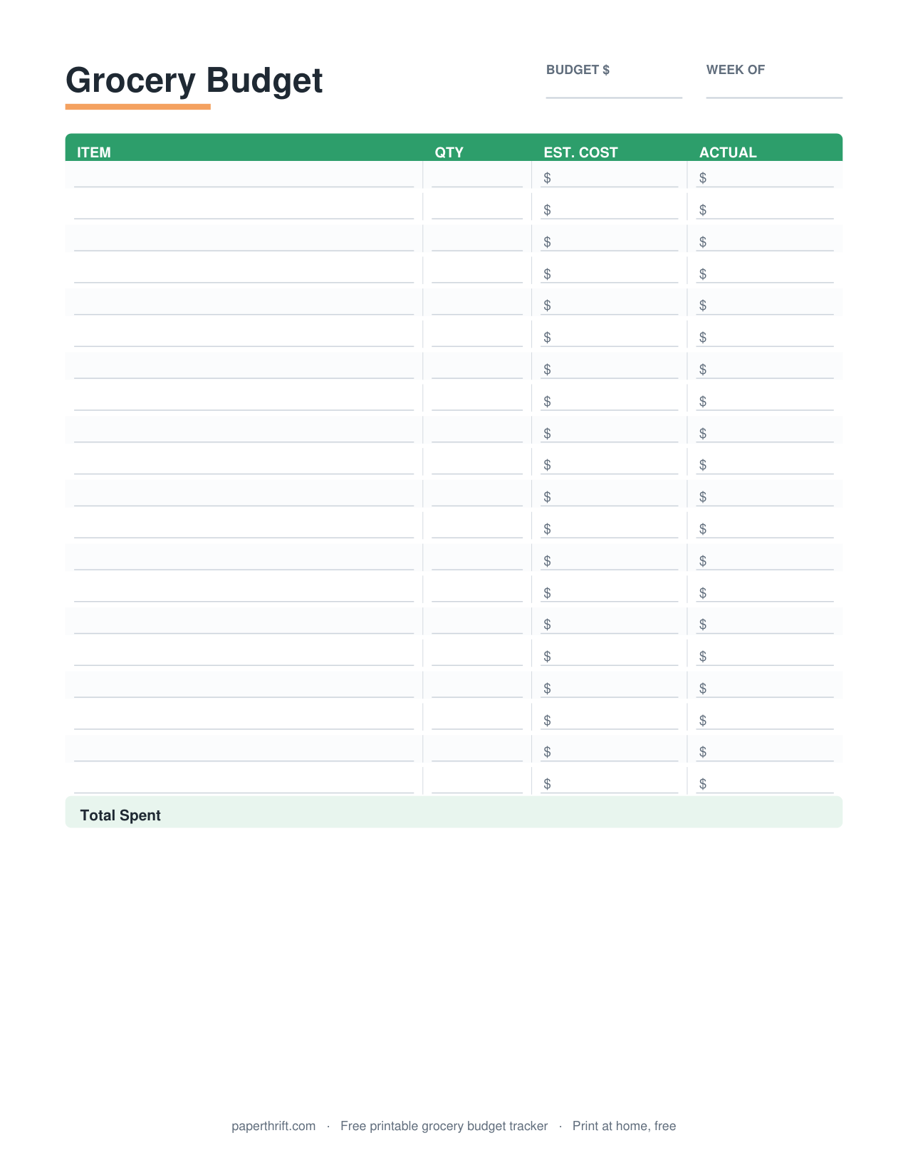 Grocery Budget printable preview
