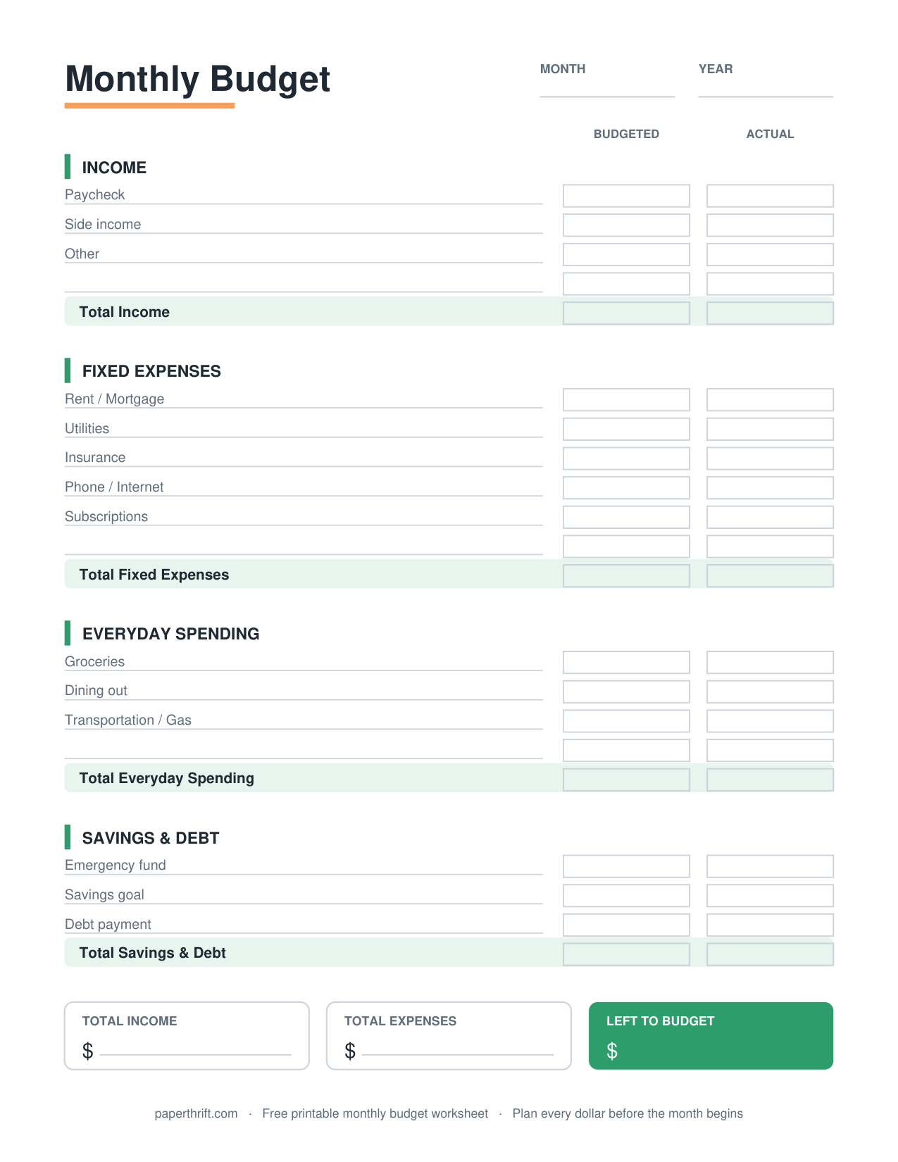 Monthly Budget Worksheet printable preview