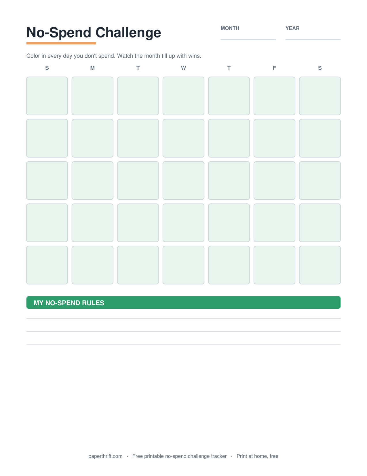 No-Spend Challenge printable preview