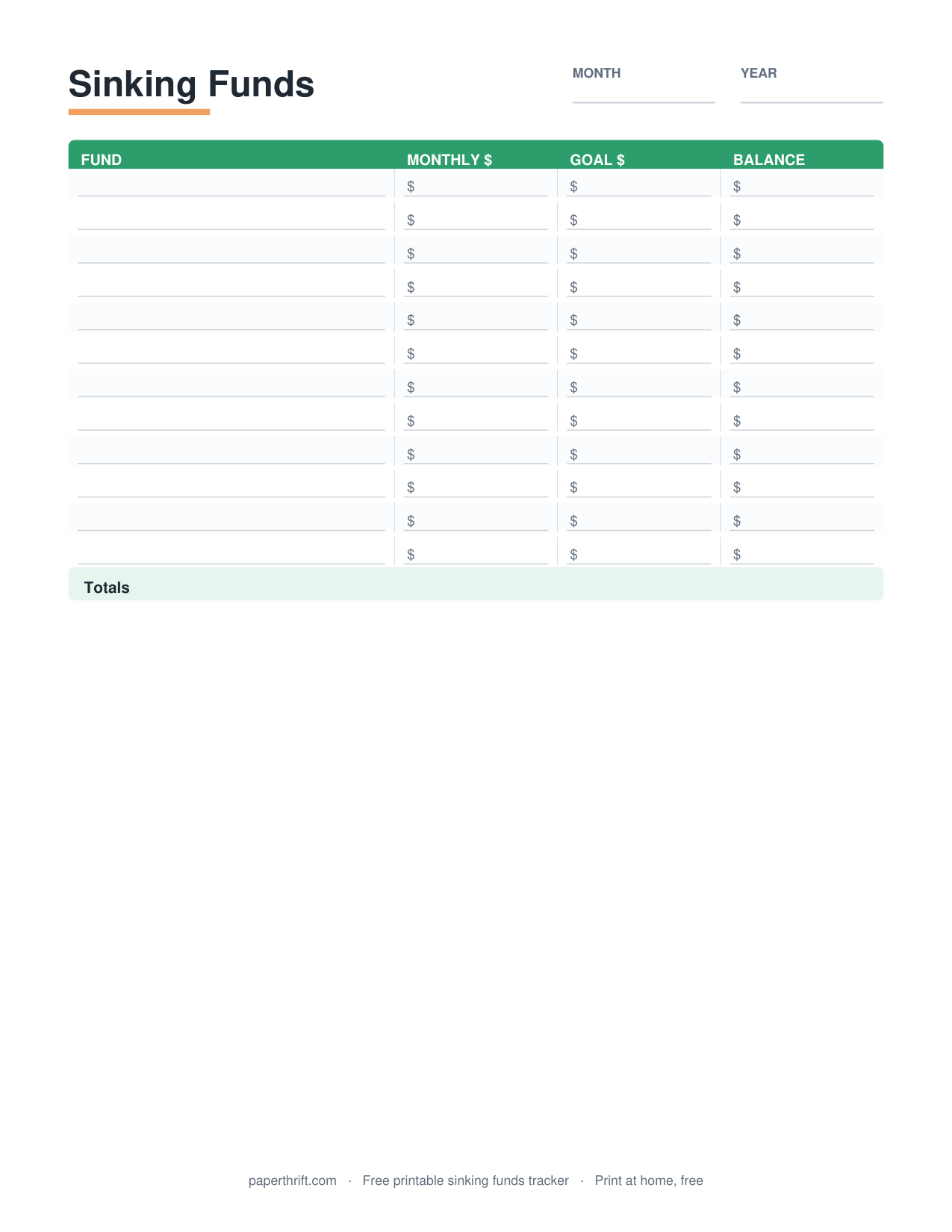 Sinking Funds Tracker printable preview