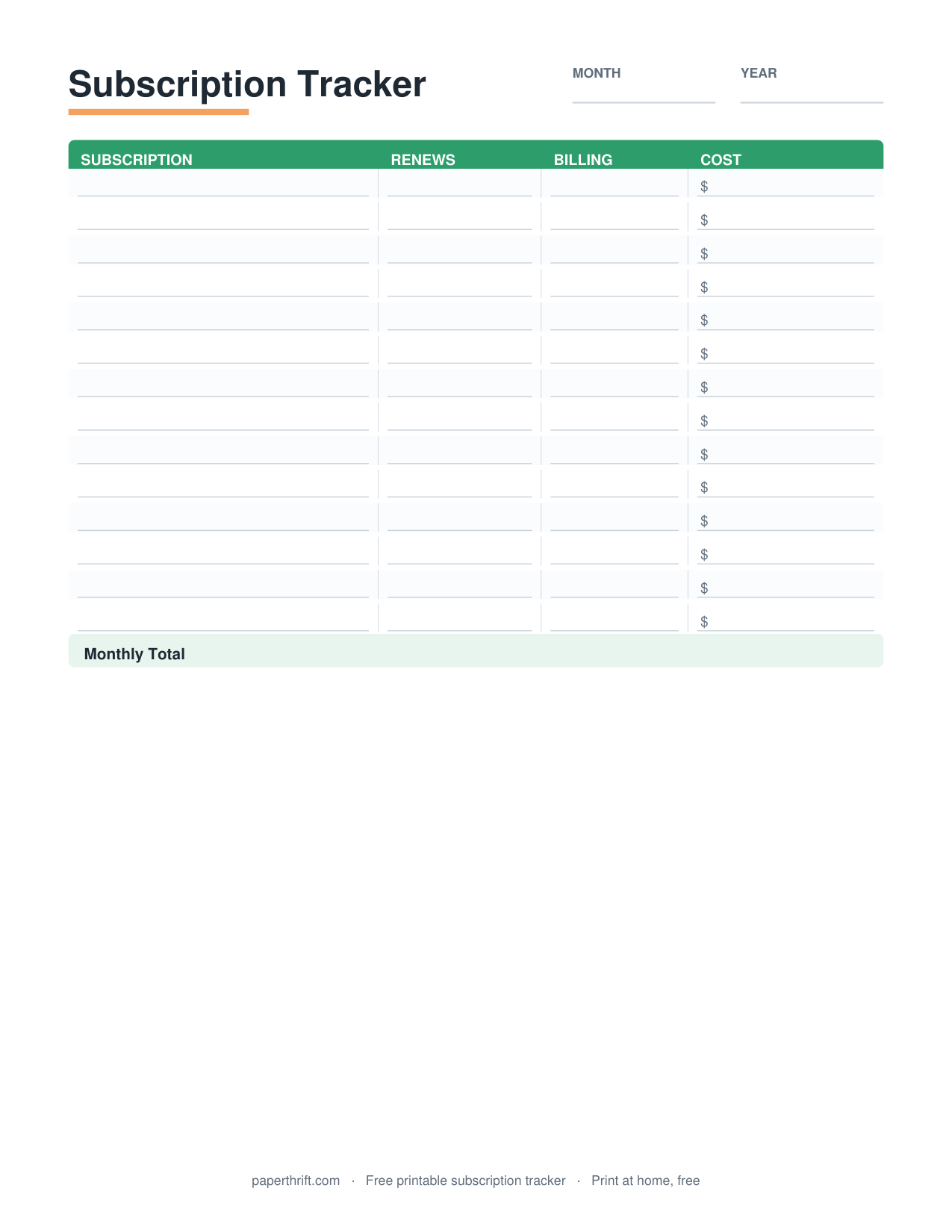Subscription Tracker printable preview