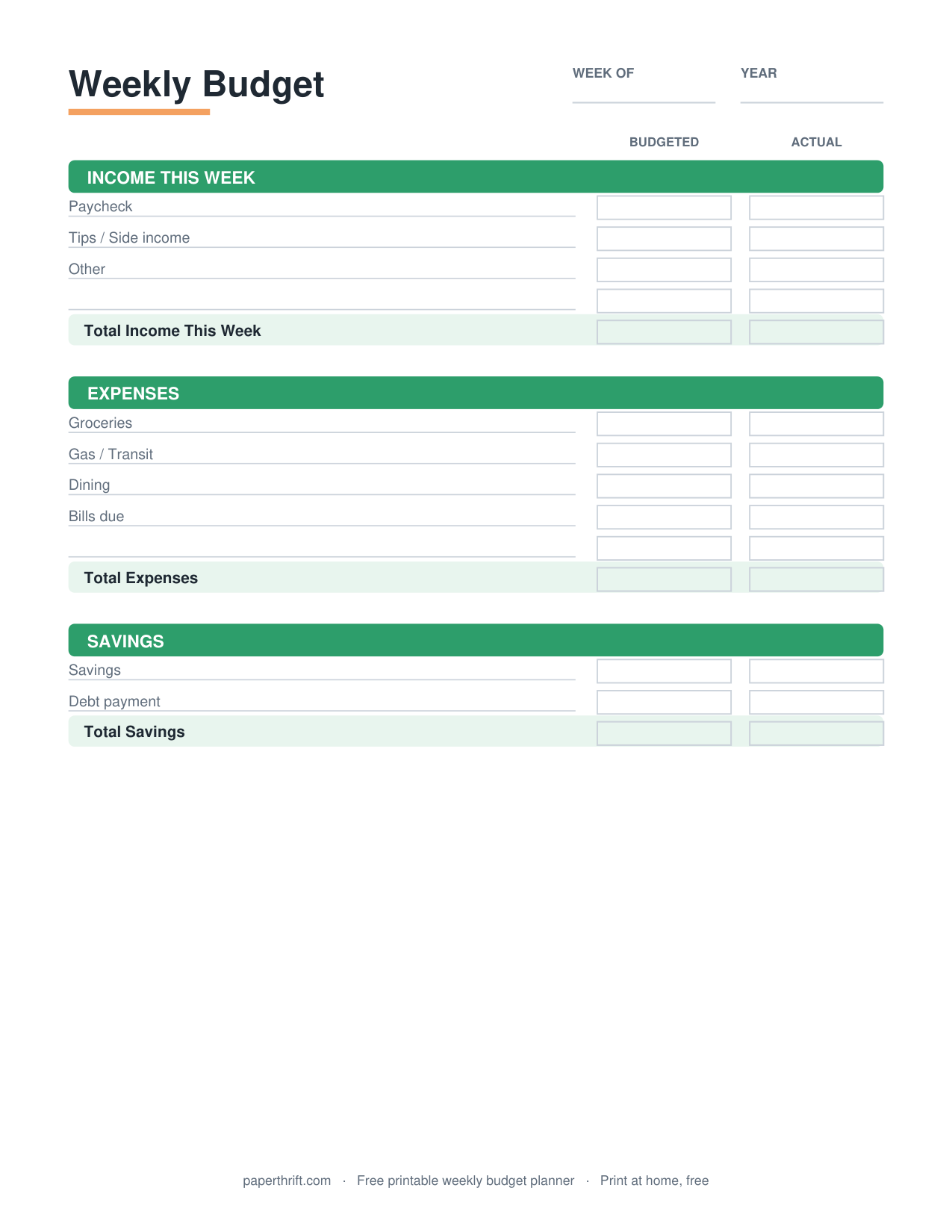 Weekly Budget Planner printable preview