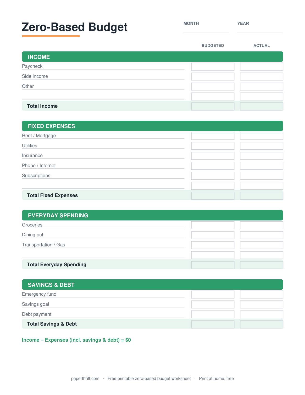 Zero-Based Budget printable preview